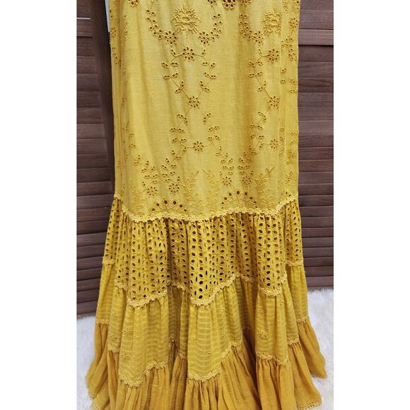Anthropologie Payal Jain Fallon Eyelet Floral Maxi Dress Mustard Yellow Size 8 - Picture 7 of 9